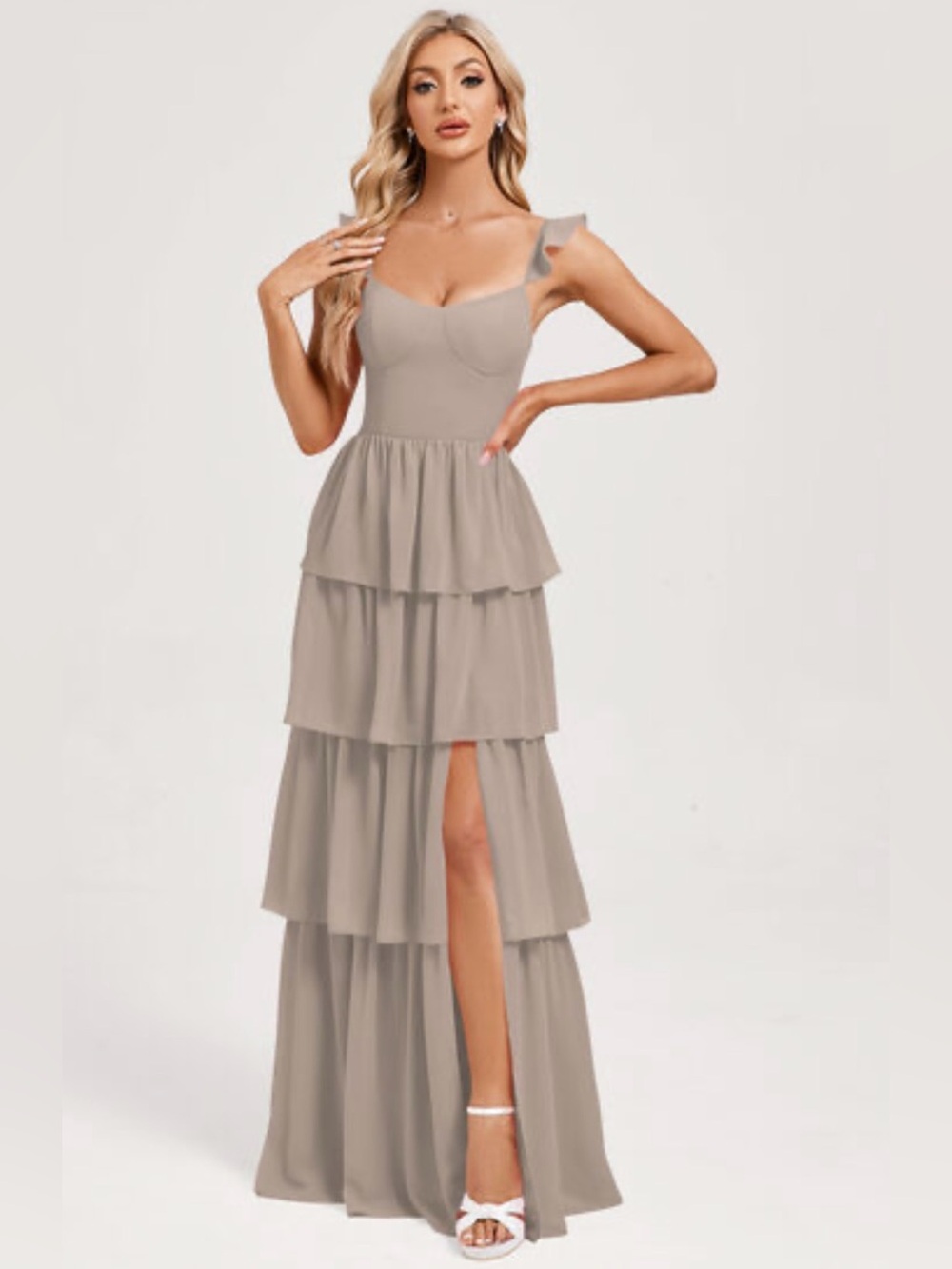 JJs House Taupe Tiered Ruffle Maxi Dress with Sweetheart Bodice